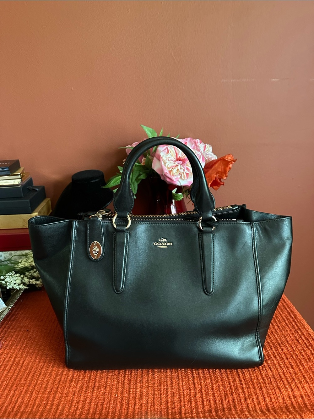 Rare Coach Black Leather Tote with Gold Hardware
